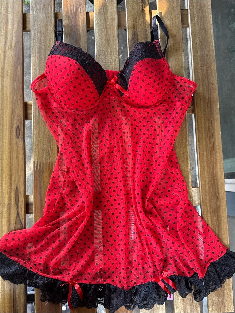 Red & Black Lace Trim Babydoll Chemise